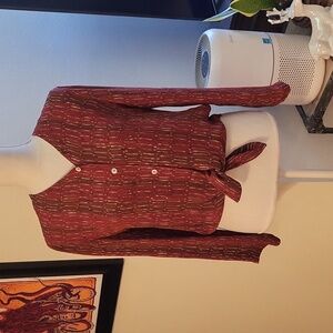 Silk Red & Brown Striped Long Sleeve V Neck Blouse Buttons
